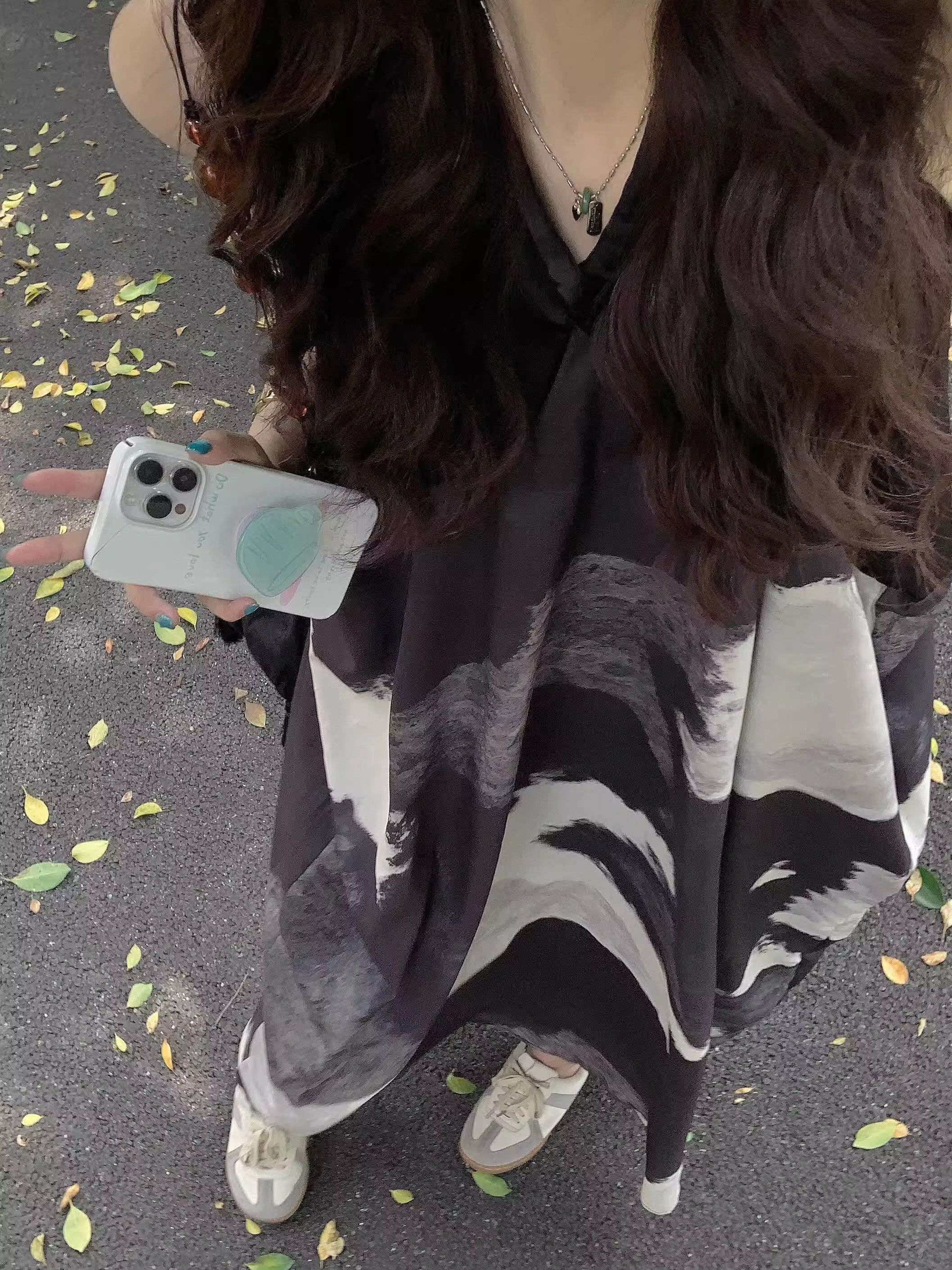 水墨撞色新中式复古无袖吊带连衣裙夏季度假宽松显瘦无袖v领长裙