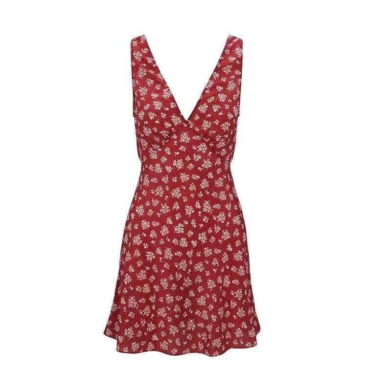 红色复古碎花吊带连衣裙女夏季新款茶系纯欲法式气质V领港风短裙