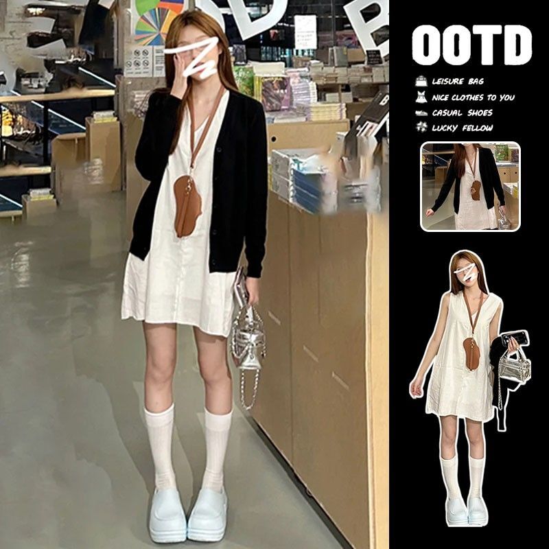 夏季无袖背心v领连衣裙女纯欲简约纯色宽松显瘦短裙时尚新款女装