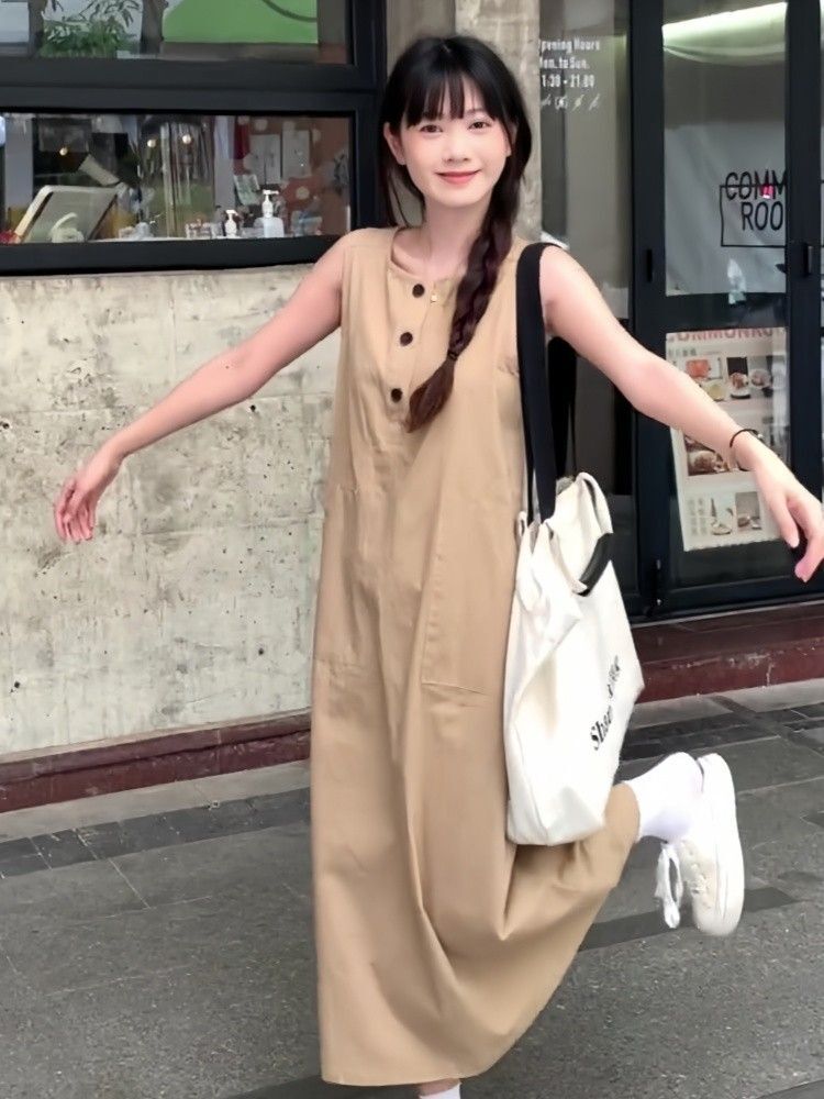 无袖休闲宽松连衣裙子夏季新款女装气质显瘦钓系约会长裙海边度假