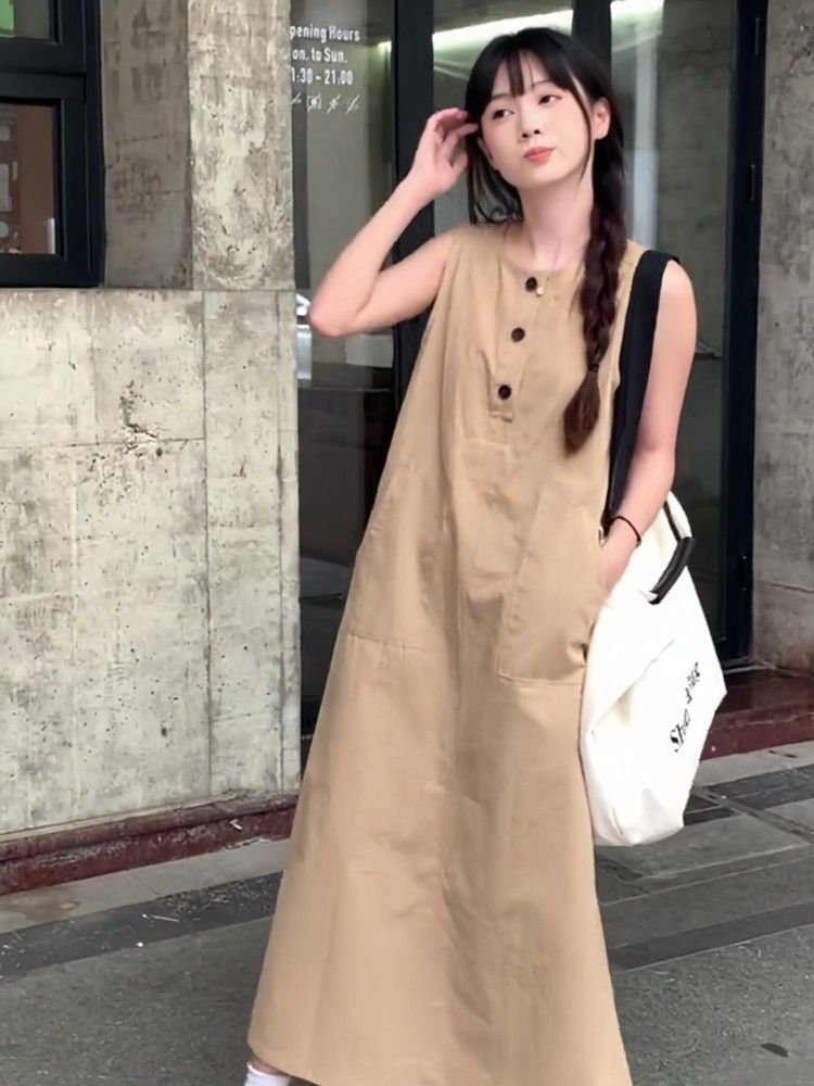 无袖休闲宽松连衣裙子夏季新款女装气质显瘦钓系约会长裙海边度假