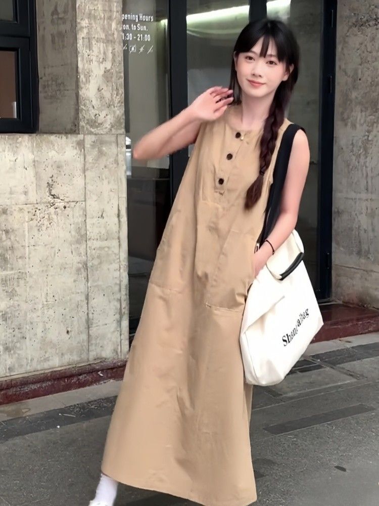 无袖休闲宽松连衣裙子夏季新款女装气质显瘦钓系约会长裙海边度假