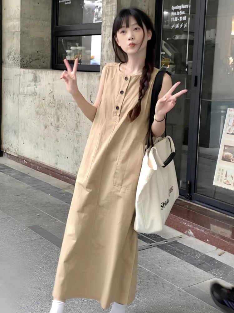 无袖休闲宽松连衣裙子夏季新款女装气质显瘦钓系约会长裙海边度假