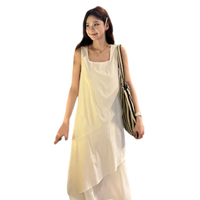白色背心裙女夏季2025新款法式宽松设计感中长款不规则吊带连