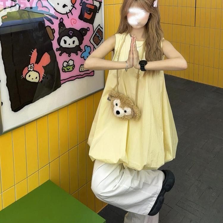 法式甜美纯色褶皱设计感无袖背心连衣裙女2025夏宽松显瘦花苞