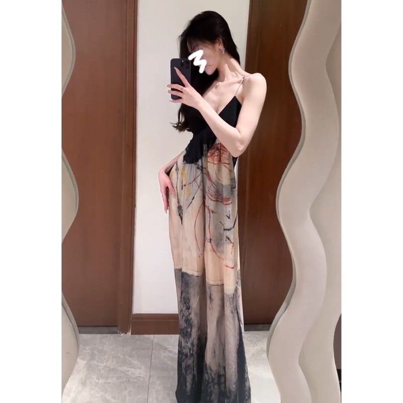新中式国风水墨印花连衣裙小众设计感收腰性感前后V领吊带长裙夏