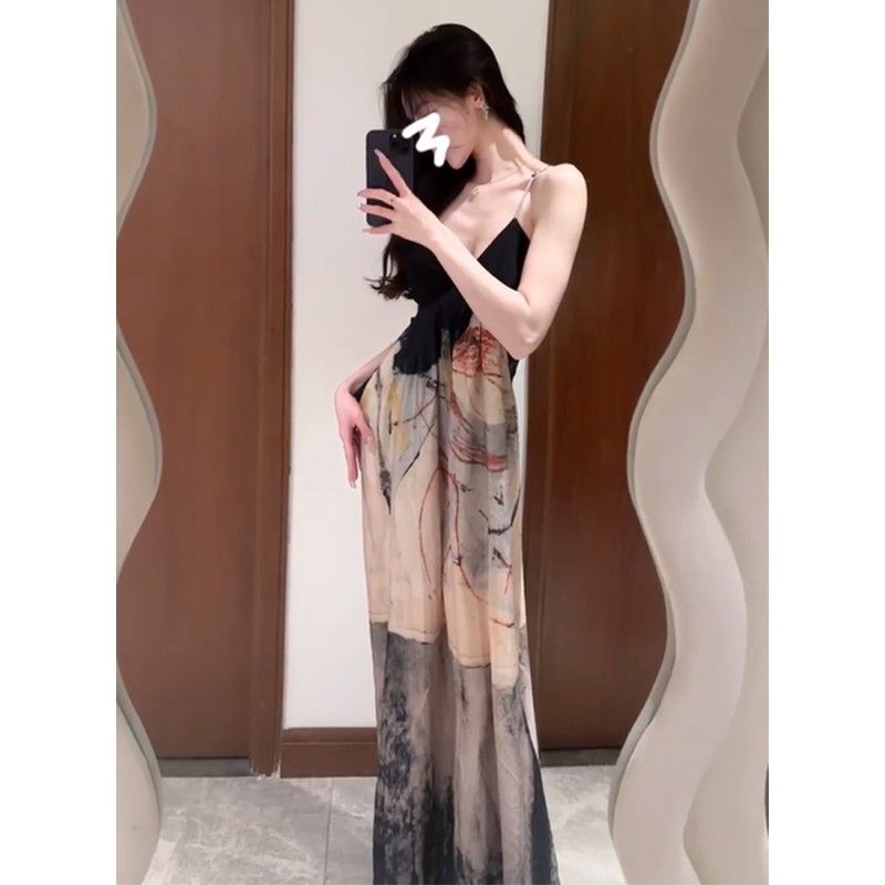 新中式国风水墨印花连衣裙小众设计感收腰性感前后V领吊带长裙夏
