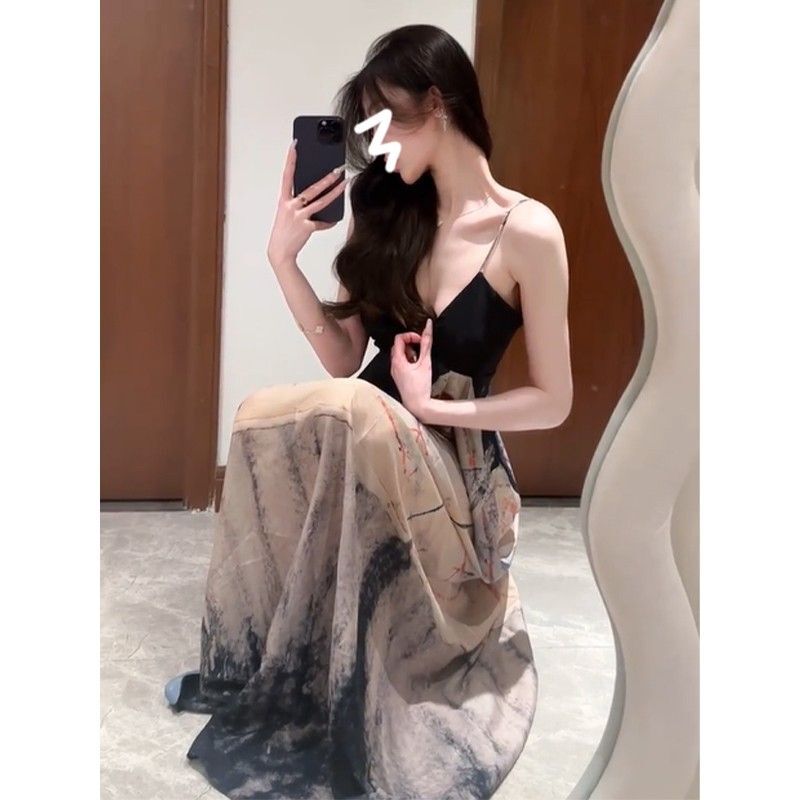 新中式国风水墨印花连衣裙小众设计感收腰性感前后V领吊带长裙夏