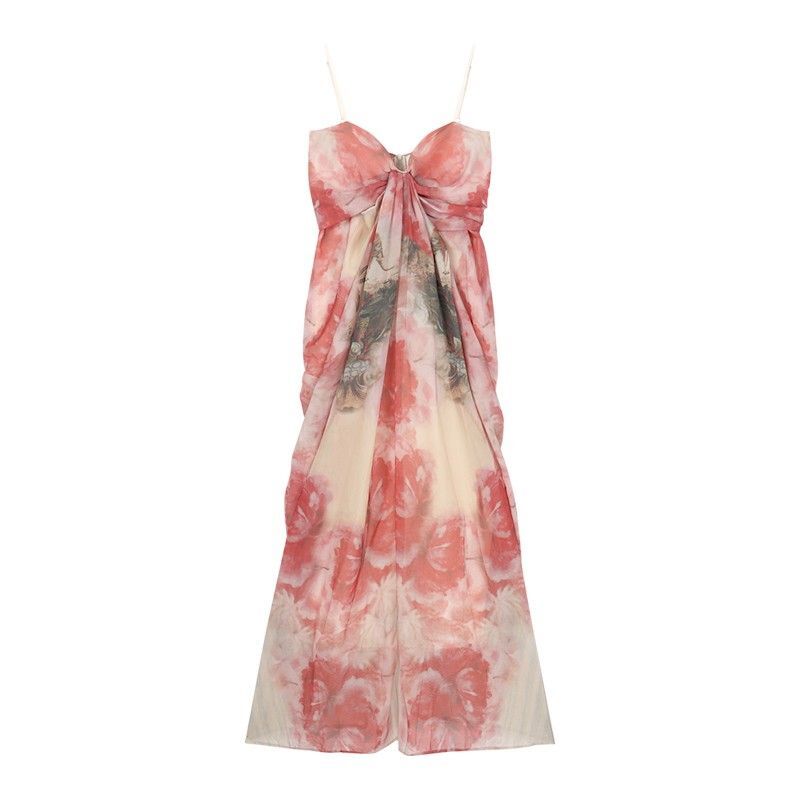 纯欲高级感扎染抹胸连衣裙女夏季气质一字肩雪纺裙子海边度假长裙