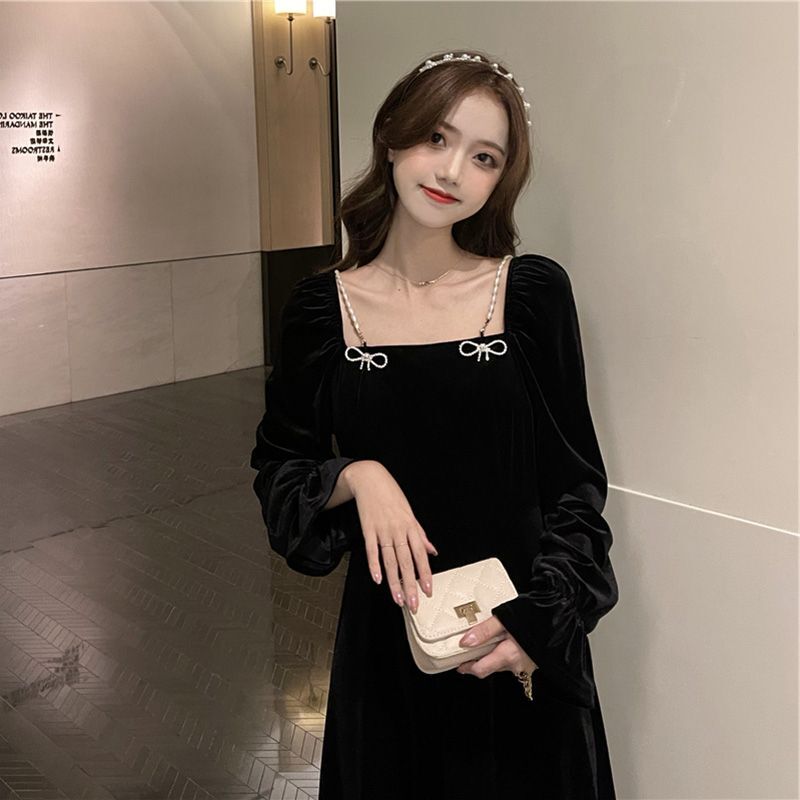 法式复古赫本小香风收腰显瘦气质黑色打底金丝绒连衣裙子女秋冬季 法式复古赫本小香风收腰显瘦气质黑色打底金丝绒连衣裙子女秋冬季