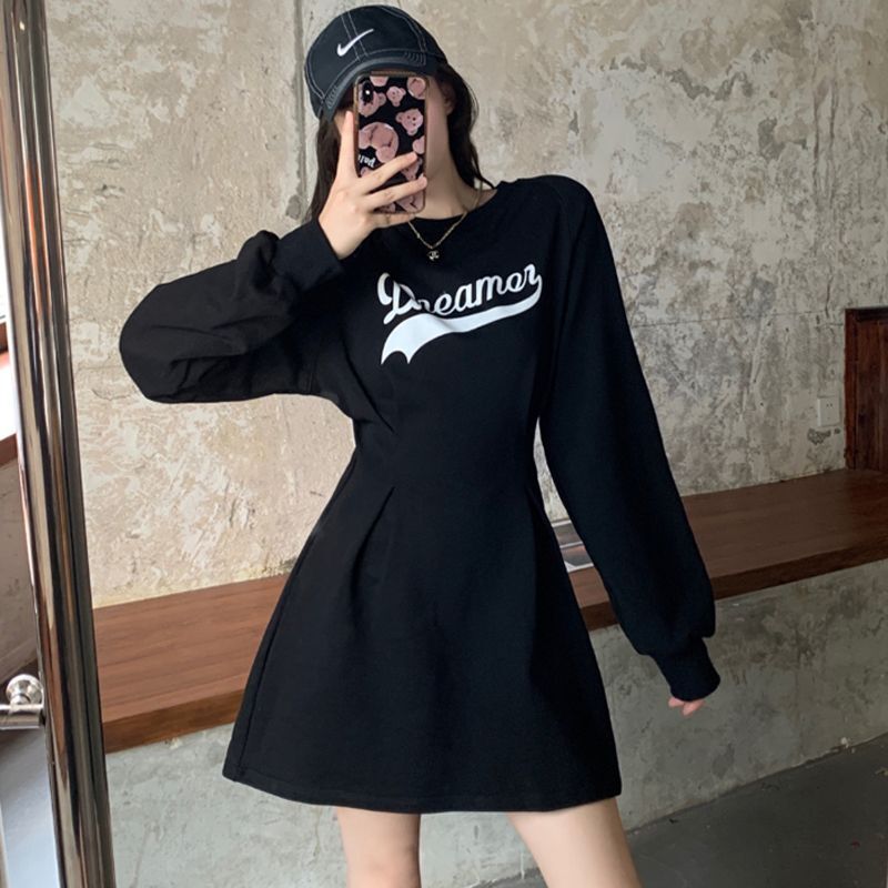 长袖黑色字母打底卫衣连衣裙2022秋冬设计感收腰显瘦休闲T恤