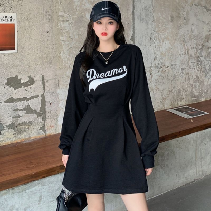 长袖黑色字母打底卫衣连衣裙2022秋冬设计感收腰显瘦休闲T恤