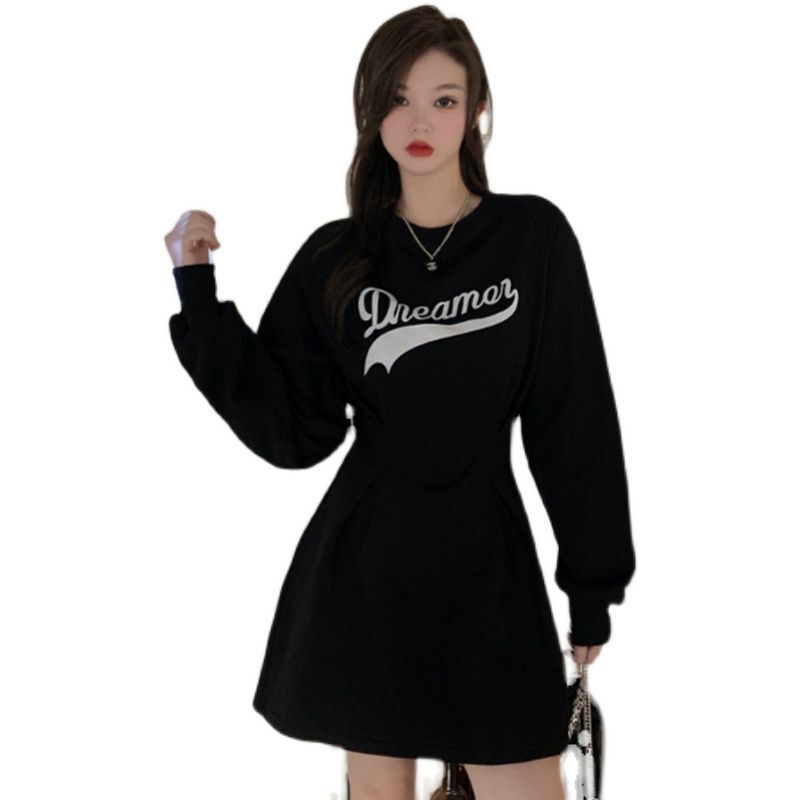 长袖黑色字母打底卫衣连衣裙2022秋冬设计感收腰显瘦休闲T恤