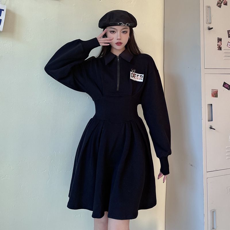 长袖黑色polo卫衣连衣裙女秋季新款收腰显瘦设计感小众高级短