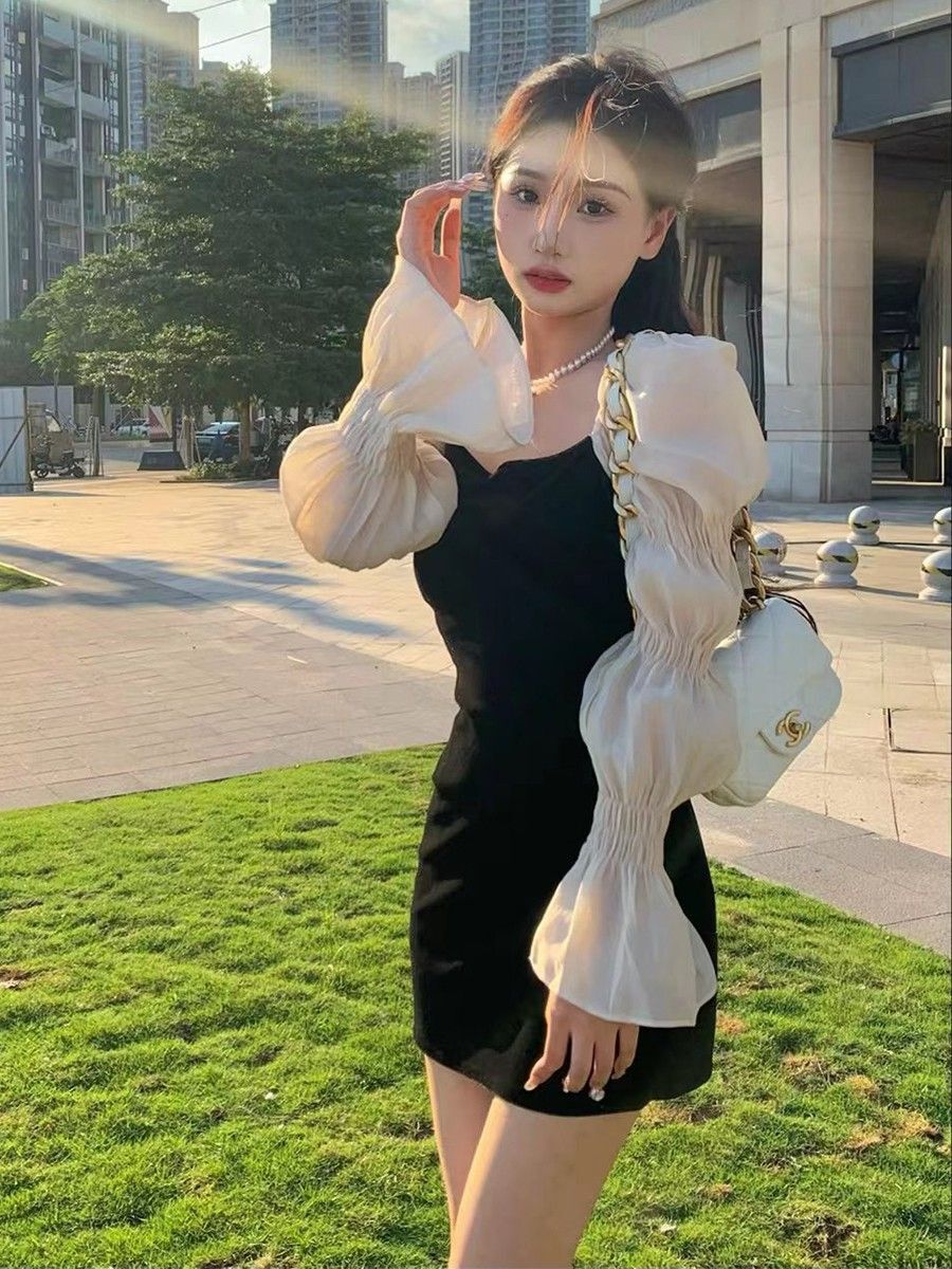 法式气质名媛抹胸小黑裙女轻奢泡泡袖小礼裙甜辣风性感显瘦连衣裙 法式气质名媛抹胸小黑裙女轻奢泡泡袖小礼裙甜辣风性感显瘦连衣裙