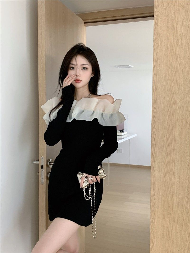 纯欲网纱拼接一字肩连衣裙女秋高级感生日小礼裙气质收腰包臀裙子 纯欲网纱拼接一字肩连衣裙女秋高级感生日小礼裙气质收腰包臀裙子