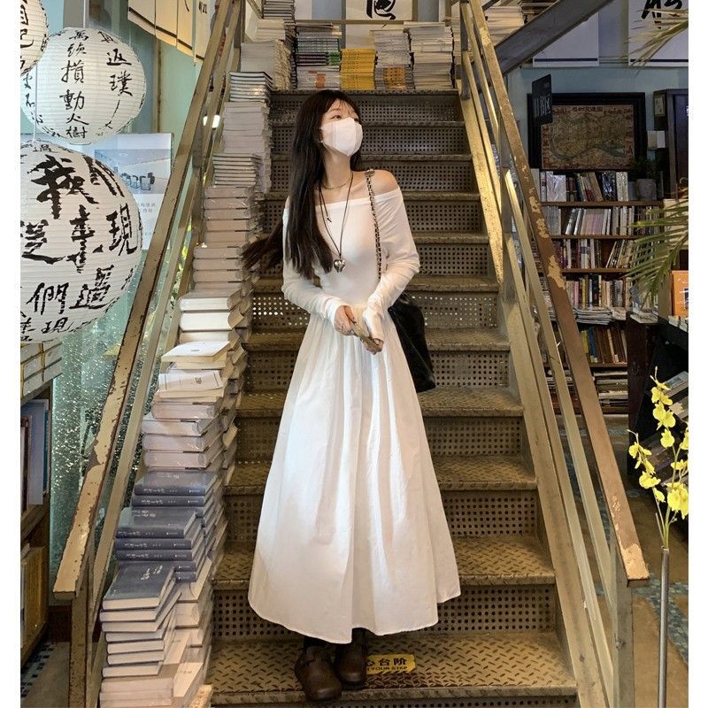 法式赫本风一字肩拼接连衣裙女秋高级感收腰显瘦气质大摆A字长裙