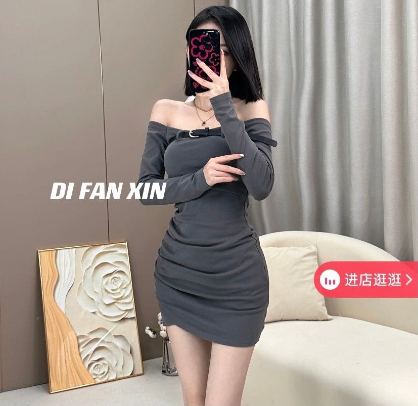 韩国大东门皮带抹胸露肩长袖连衣裙女辣妹性感褶皱交叉包臀短裙秋