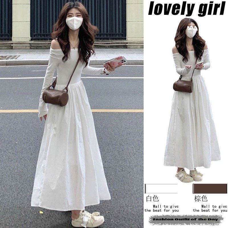 法式一字肩长袖白色连衣裙子质感高级感2024年新款早秋季气质