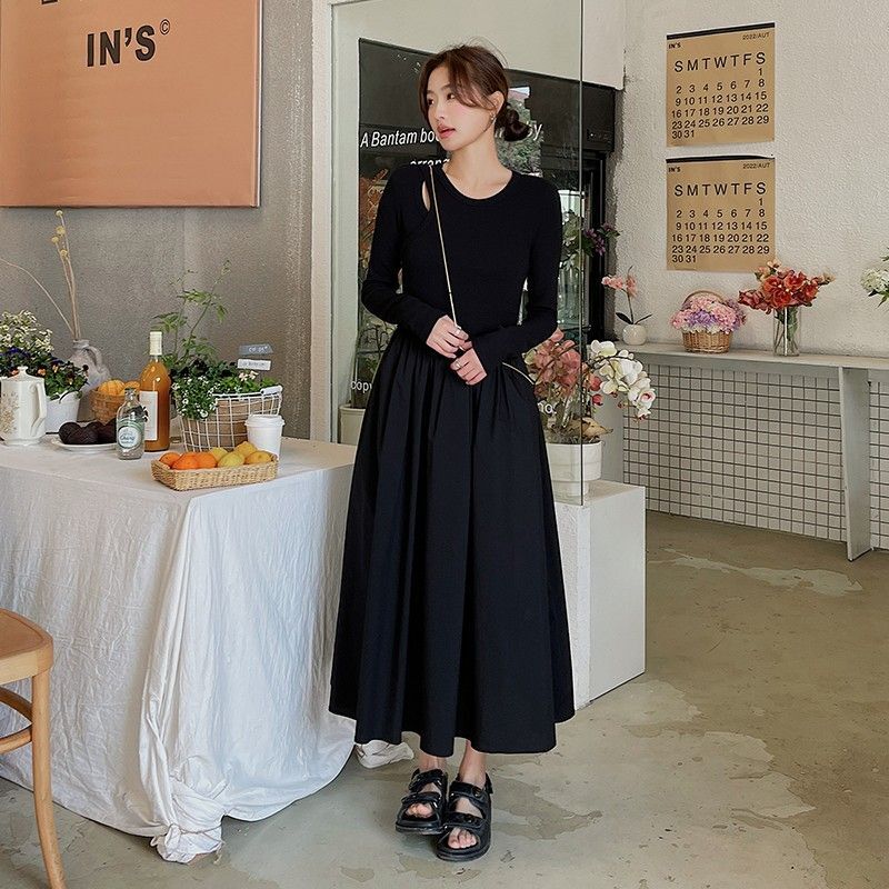 黑色拼接连衣裙女秋季2024新款法式高腰显瘦设计感镂空长袖a 黑色拼接连衣裙女秋季2024新款法式高腰显瘦设计感镂空长袖a