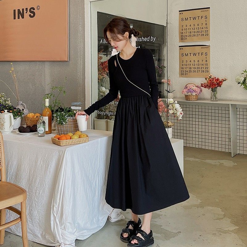 黑色拼接连衣裙女秋季2024新款法式高腰显瘦设计感镂空长袖a