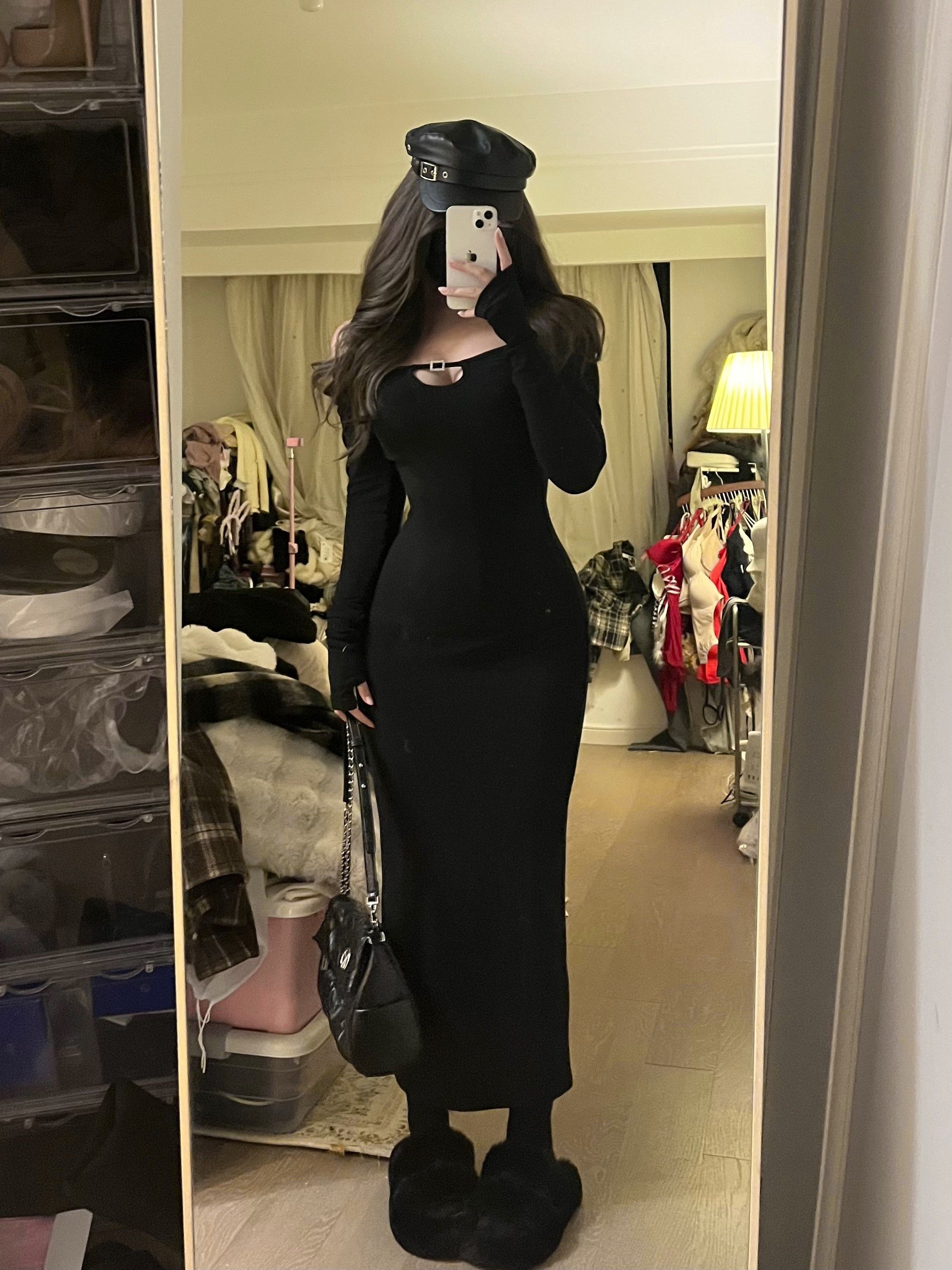 小心机秋冬美式辣妹镂空性感显身材黑色长裙~御姐内搭显瘦连衣裙