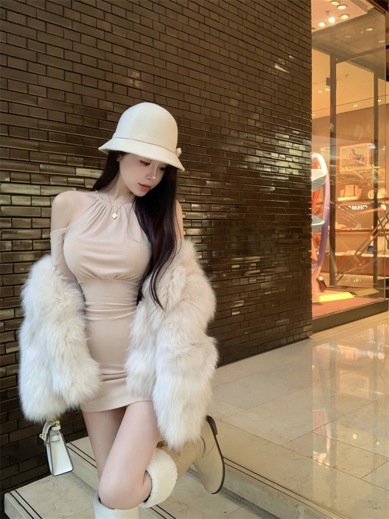 夜店御姐风辣妹性感露肩挂脖连衣裙女小个子显身材紧身包臀短裙子