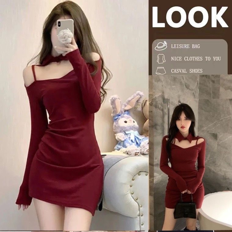 复古辣妹纯欲露肩挂脖连衣裙女秋冬新款性感弹力修身内搭包臀裙子 复古辣妹纯欲露肩挂脖连衣裙女秋冬新款性感弹力修身内搭包臀裙子