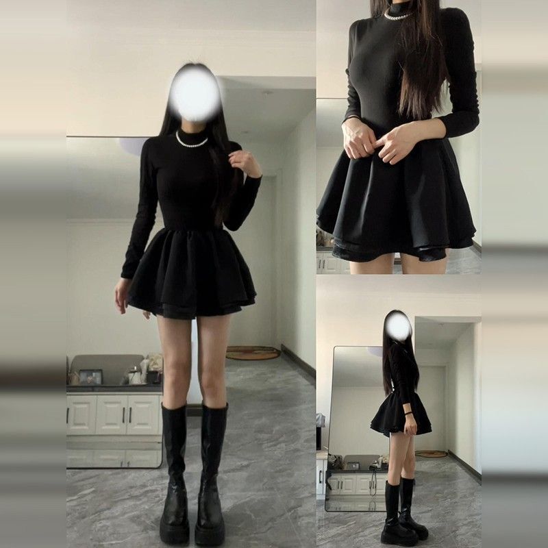 千金小黑裙公主连衣裙女秋冬季大衣内搭蓬蓬裙法式气质收腰短裙子