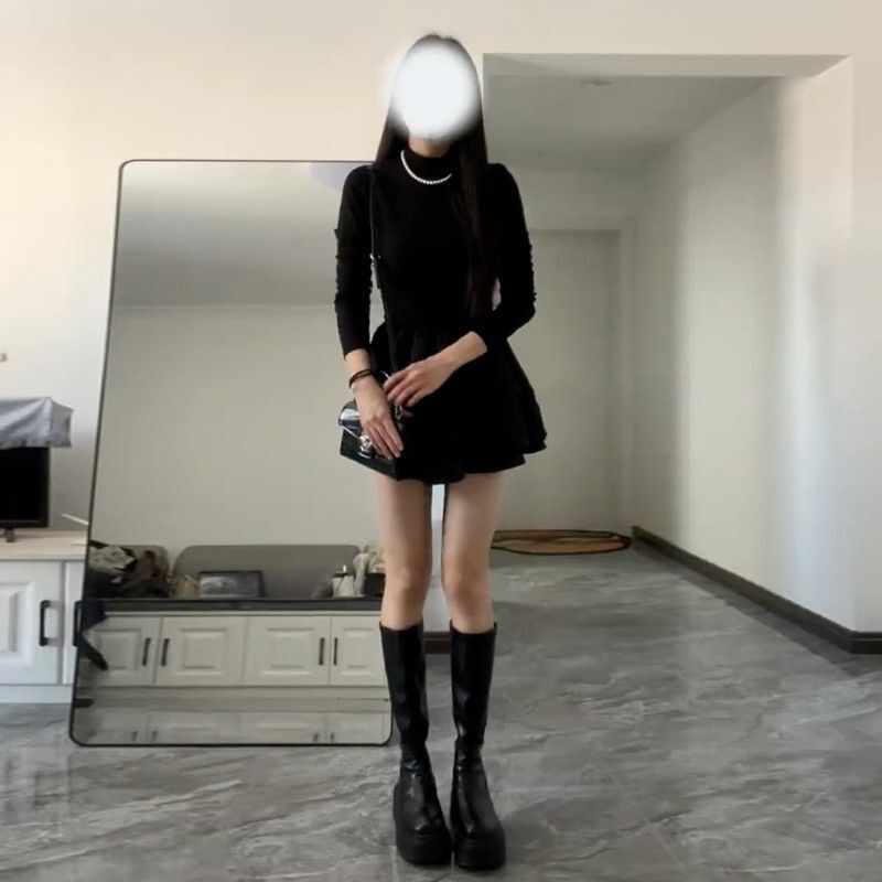 千金小黑裙公主连衣裙女秋冬季大衣内搭蓬蓬裙法式气质收腰短裙子