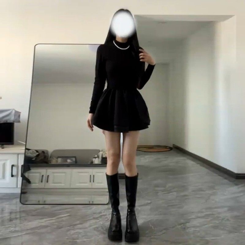 千金小黑裙公主连衣裙女秋冬季大衣内搭蓬蓬裙法式气质收腰短裙子