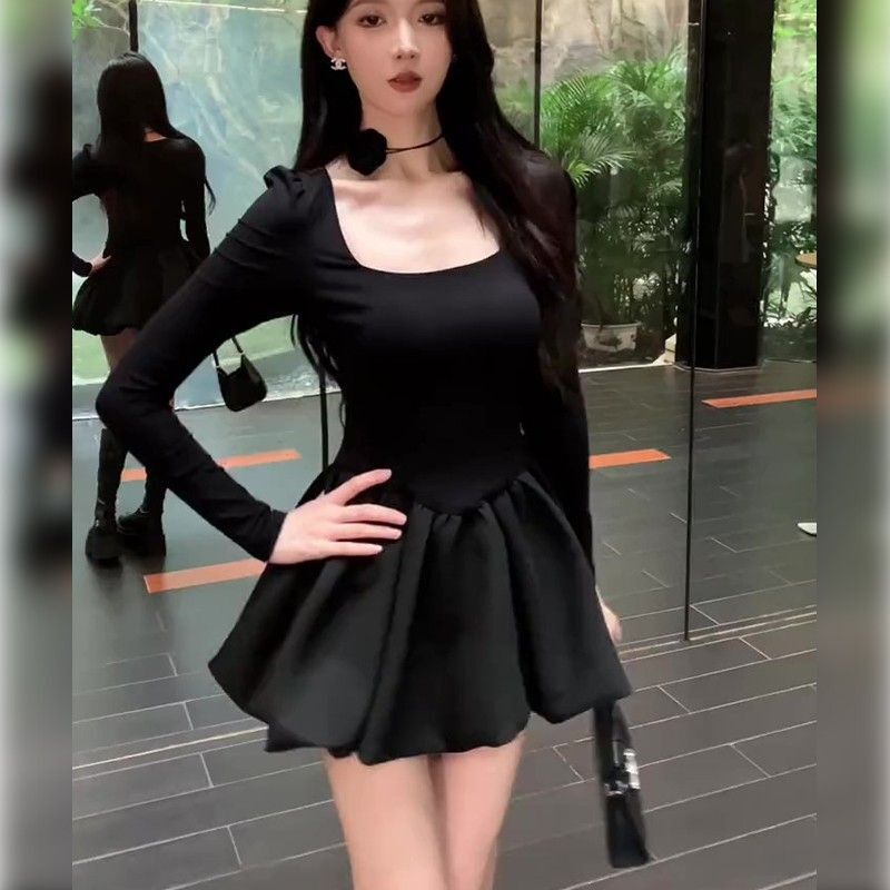 小个子时尚气质收腰小黑裙女装长袖内搭a字花苞裙蓬蓬公主连衣裙