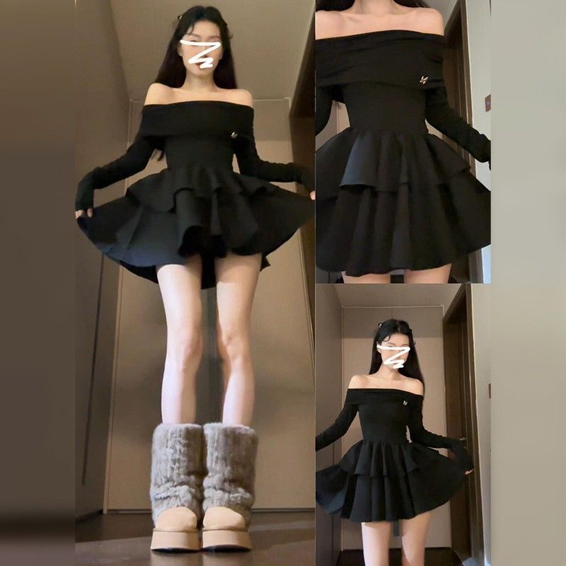 赫本风法式高级感一字肩连衣裙女秋季纯欲收腰蛋糕公主礼服蓬蓬裙