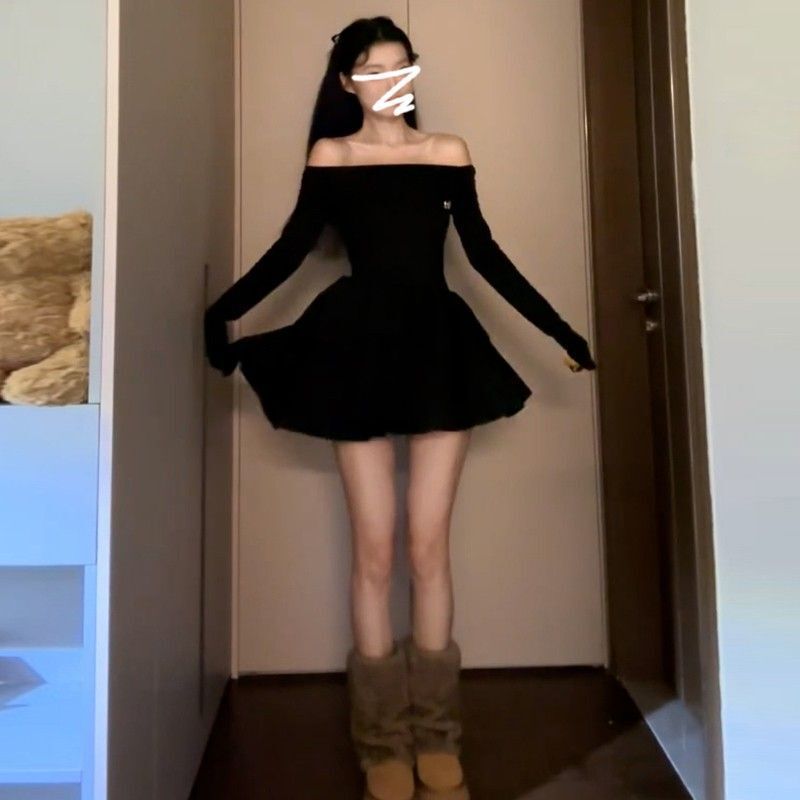 赫本风法式高级感一字肩连衣裙女秋季纯欲收腰蛋糕公主礼服蓬蓬裙