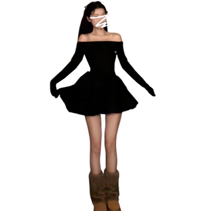 赫本风法式高级感一字肩连衣裙女秋季纯欲收腰蛋糕公主礼服蓬蓬裙