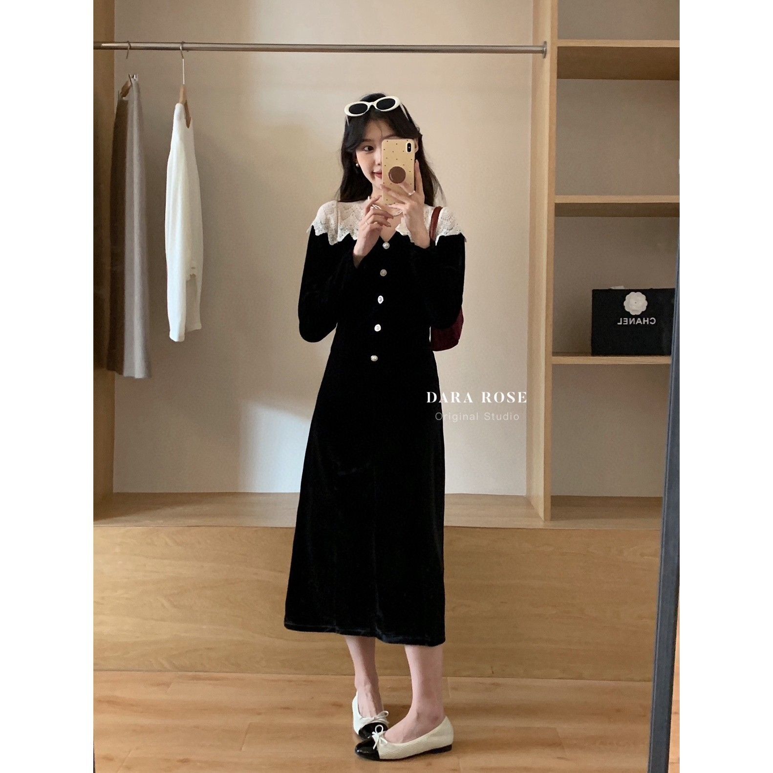 法式高级感蕾丝拼接丝绒连衣裙女秋冬名媛气质修身小礼服内搭长裙