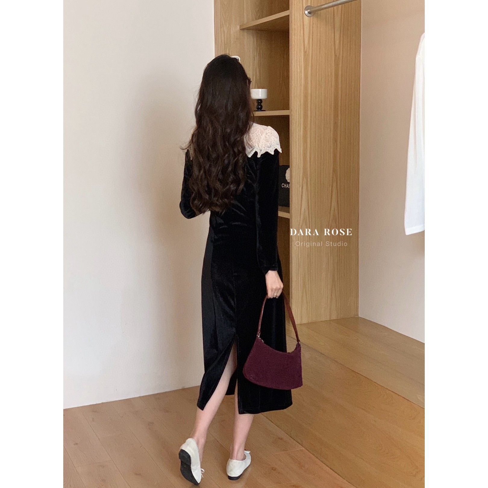 法式高级感蕾丝拼接丝绒连衣裙女秋冬名媛气质修身小礼服内搭长裙