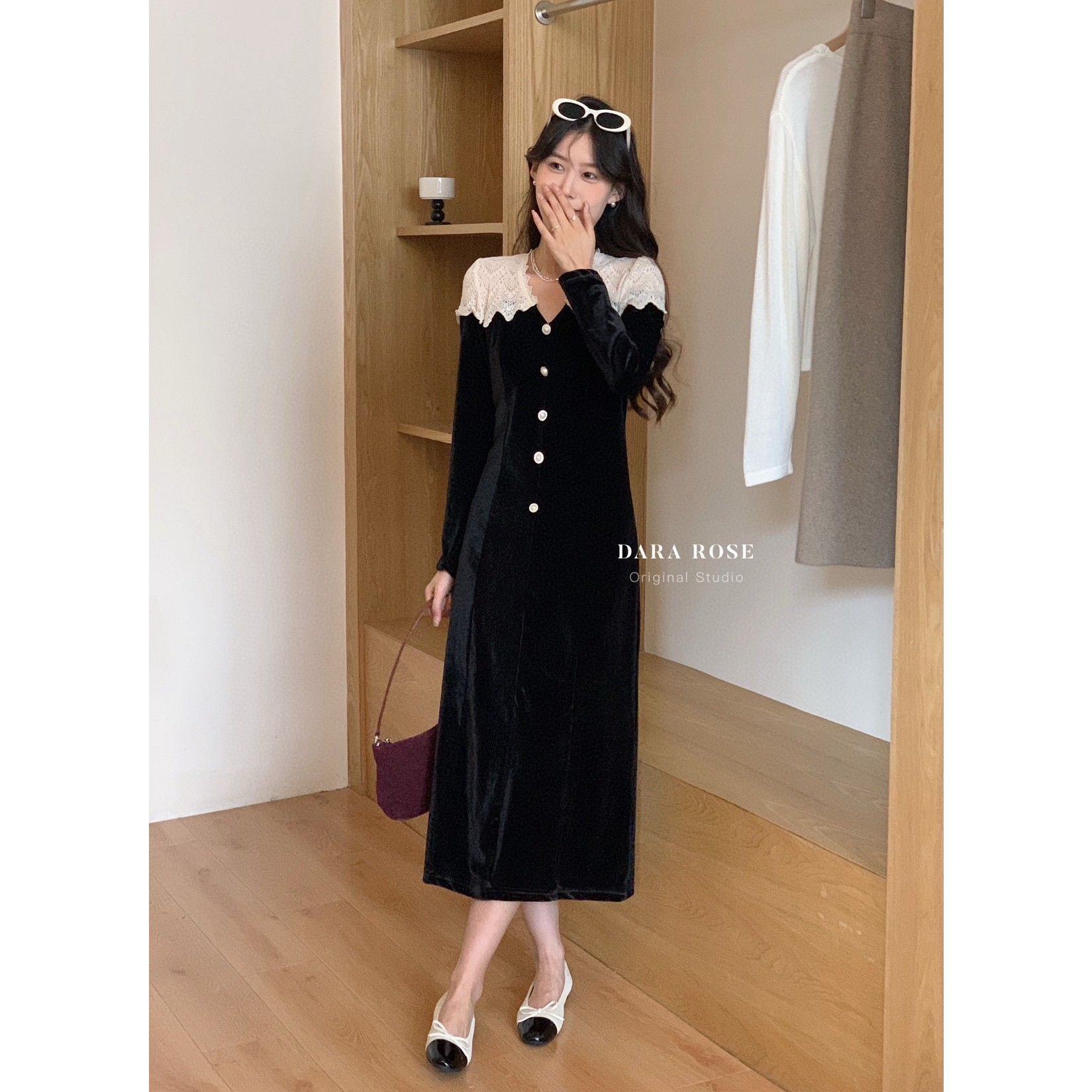 法式高级感蕾丝拼接丝绒连衣裙女秋冬名媛气质修身小礼服内搭长裙