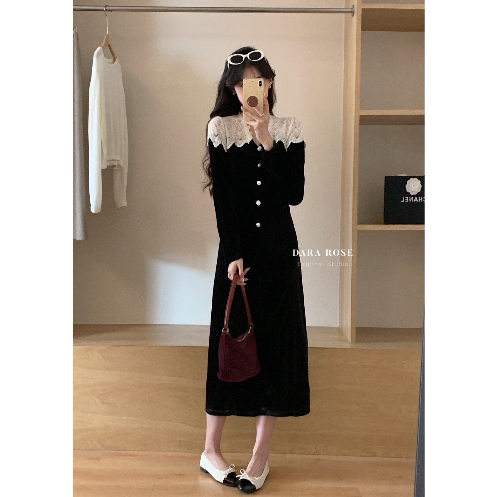 法式高级感蕾丝拼接丝绒连衣裙女秋冬名媛气质修身小礼服内搭长裙