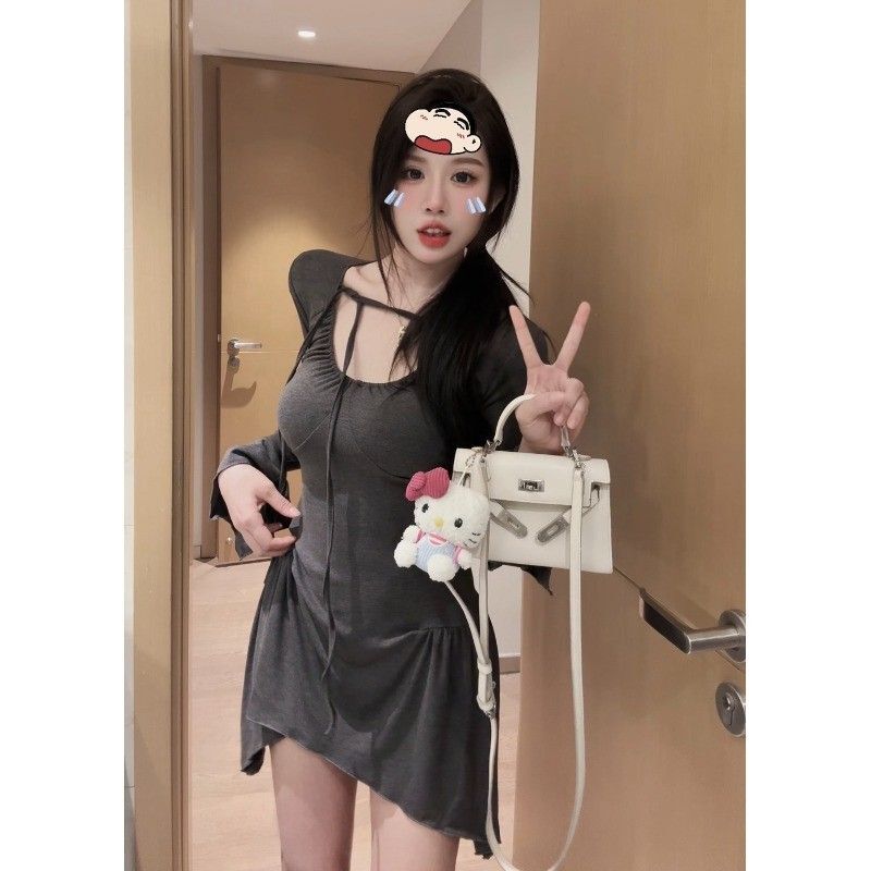 纯欲性感辣妹不规则长袖收腰连衣裙显瘦喇叭袖包臀短裙打底a字裙 纯欲性感辣妹不规则长袖收腰连衣裙显瘦喇叭袖包臀短裙打底a字裙