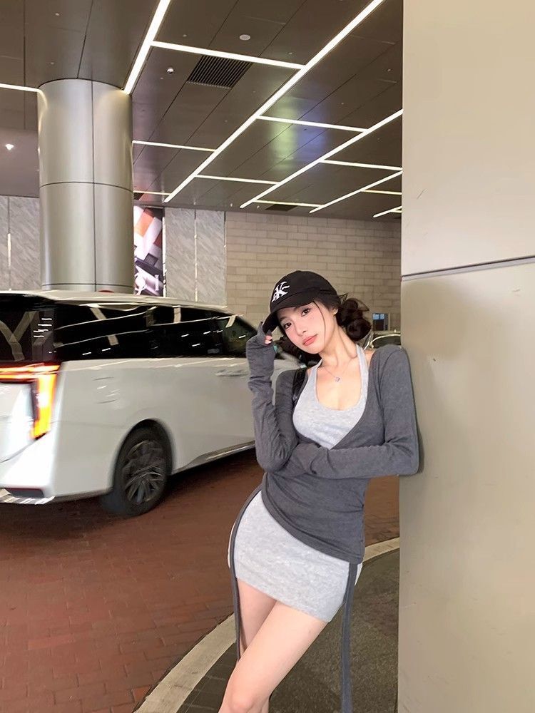 性感纯欲甜辣灰色挂脖背心套装裙女早秋季辣妹修身包臀吊带连衣裙 性感纯欲甜辣灰色挂脖背心套装裙女早秋季辣妹修身包臀吊带连衣裙