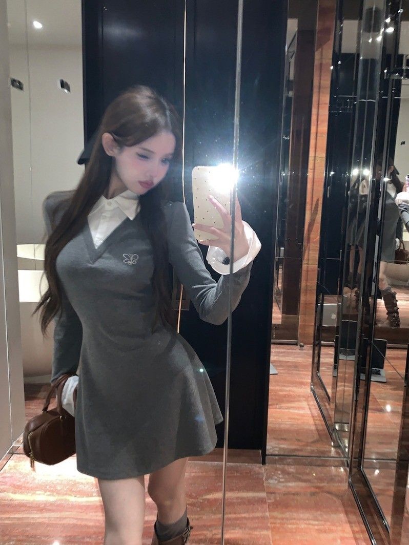 学院风假两件衬衫连衣裙女秋冬纯欲性感包臀绝美小妈短裙内搭裙子