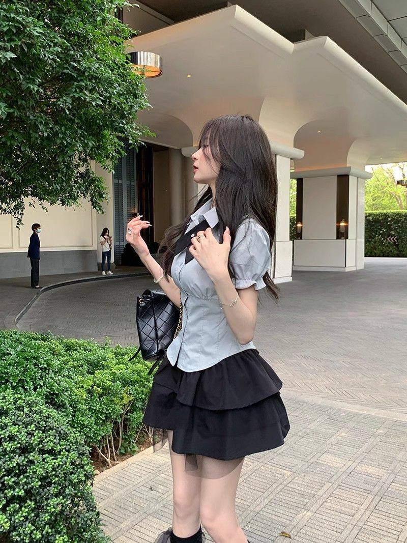 长袖t恤外套衬衫a字半身裙子连衣裙子百褶裙女秋冬春夏两件套装