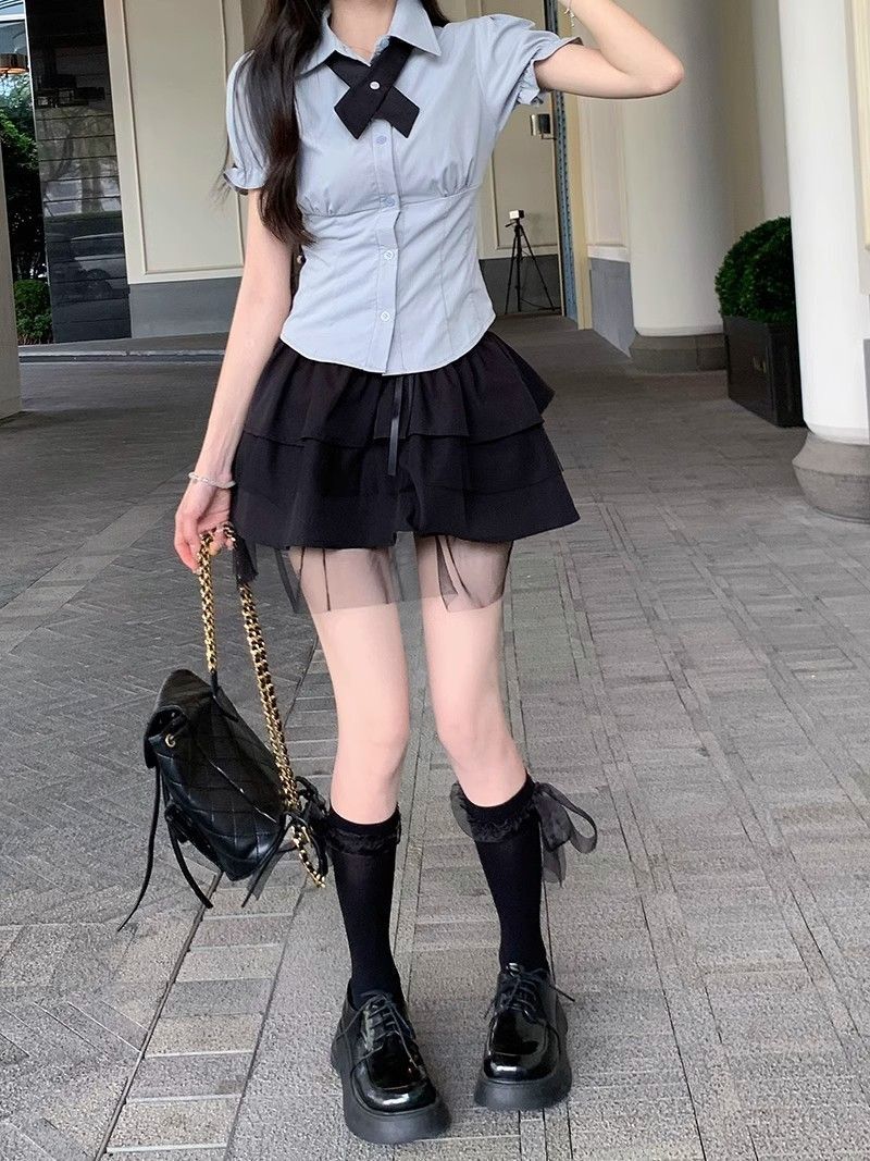 长袖t恤外套衬衫a字半身裙子连衣裙子百褶裙女秋冬春夏两件套装