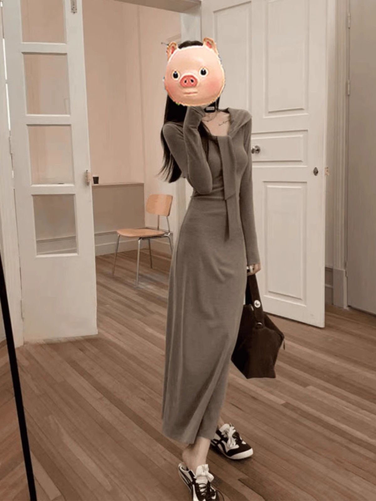 假两件系带披肩长袖针织连衣裙女秋季收腰显瘦内搭打底包臀长裙子