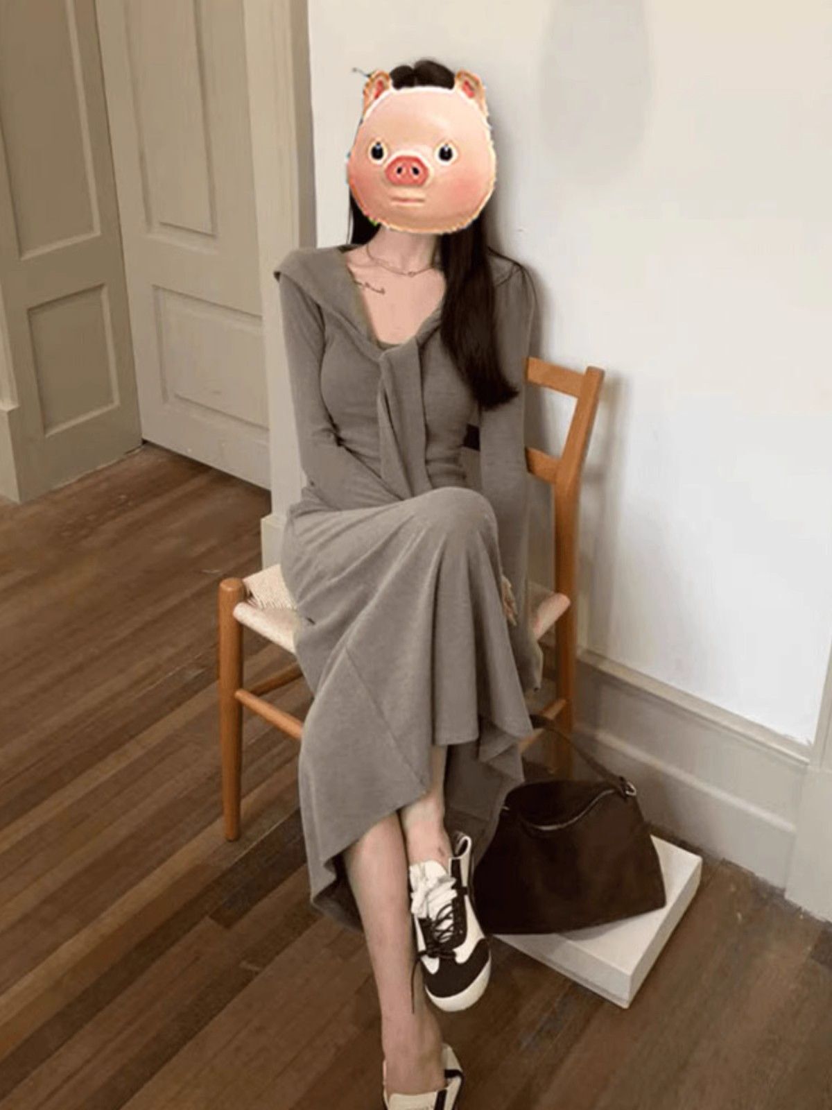 假两件系带披肩长袖针织连衣裙女秋季收腰显瘦内搭打底包臀长裙子