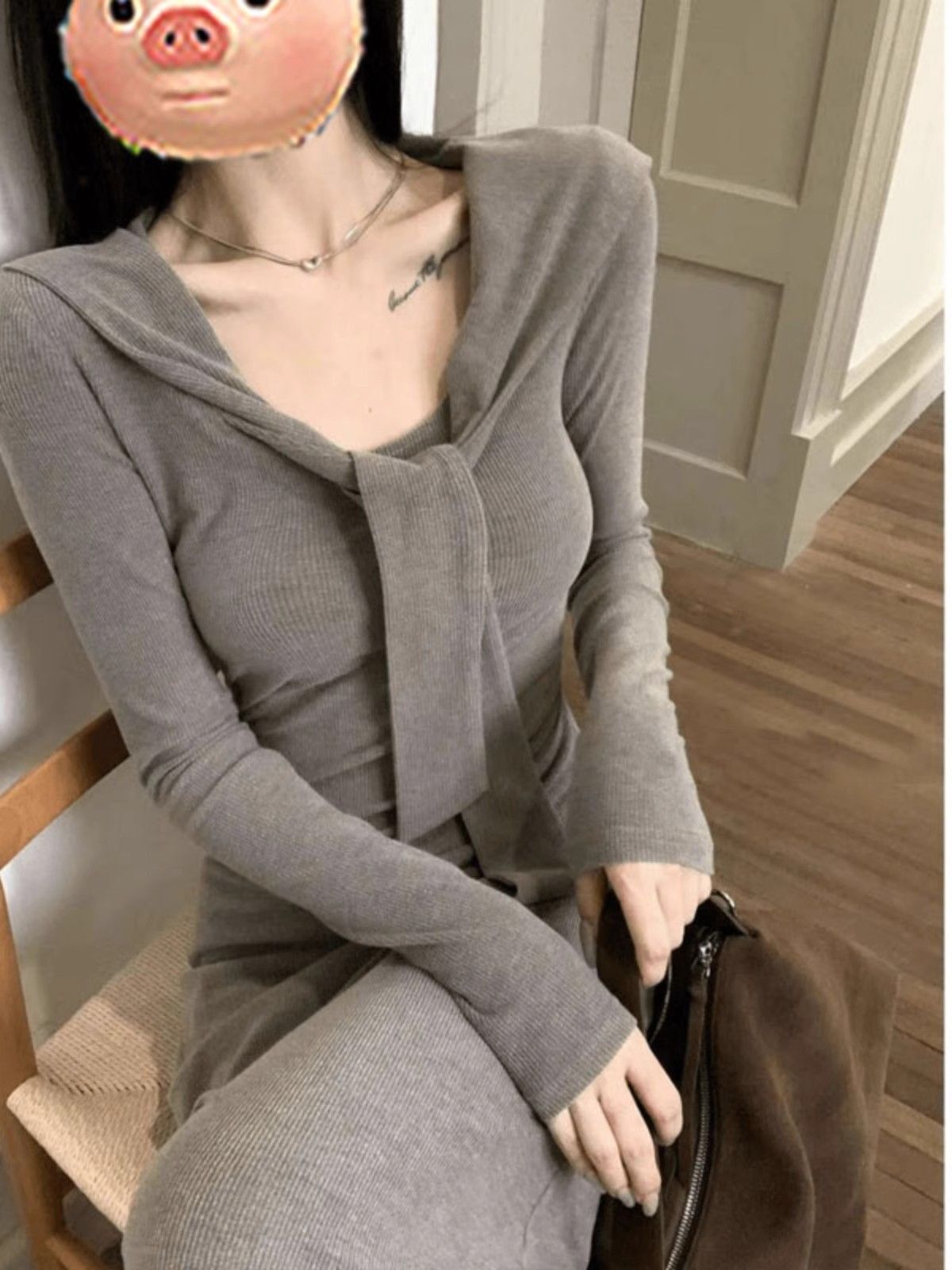 假两件系带披肩长袖针织连衣裙女秋季收腰显瘦内搭打底包臀长裙子