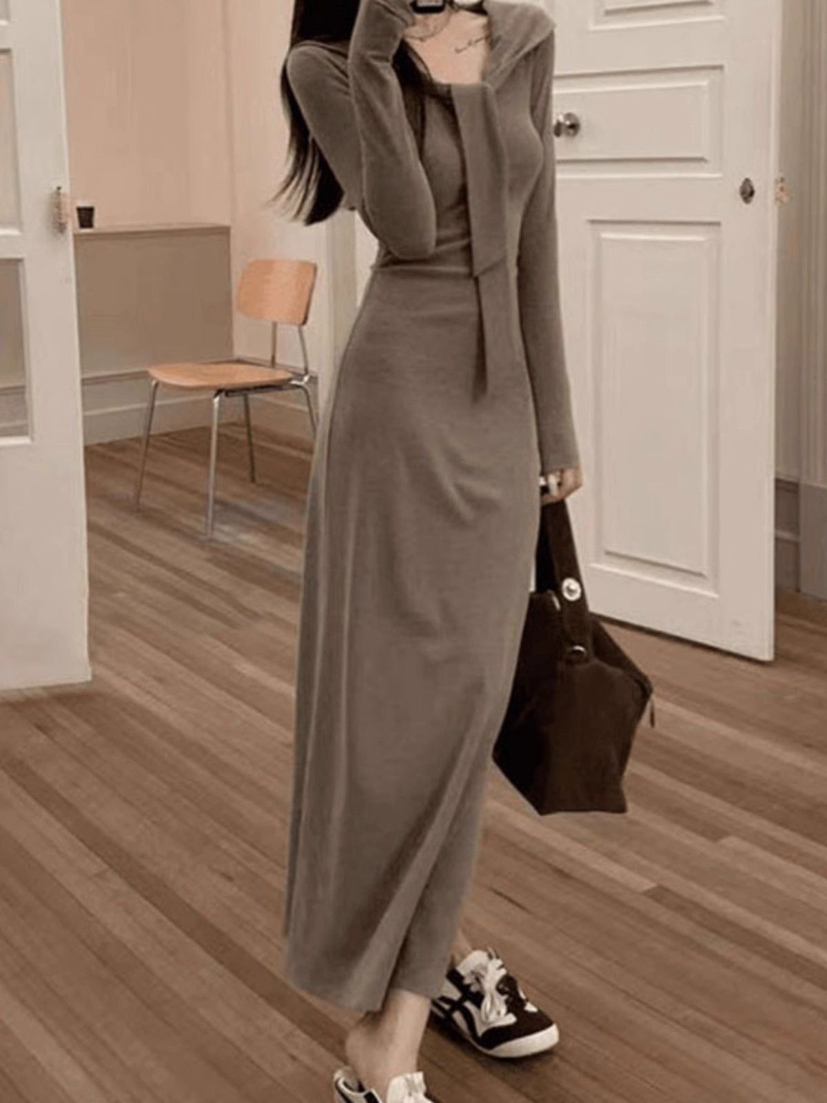 假两件系带披肩长袖针织连衣裙女秋季收腰显瘦内搭打底包臀长裙子