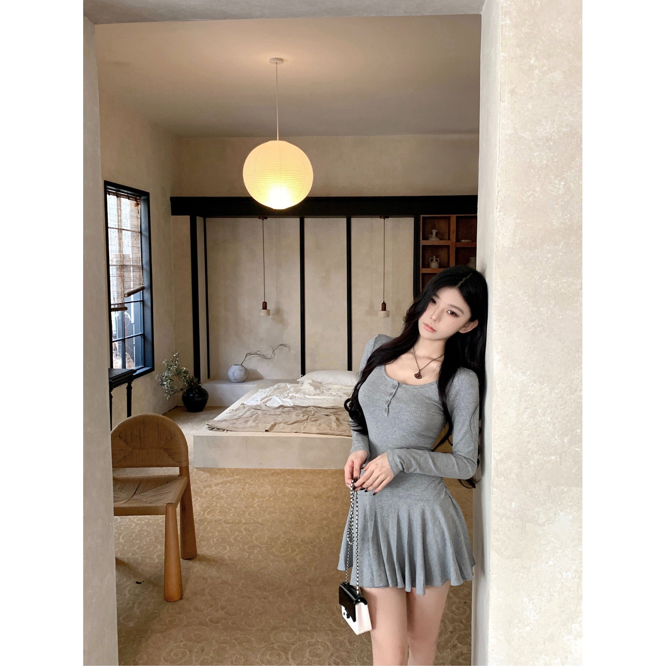 纯欲芭蕾风U领长袖连衣裙女秋季2024新款气质修身显瘦百褶A