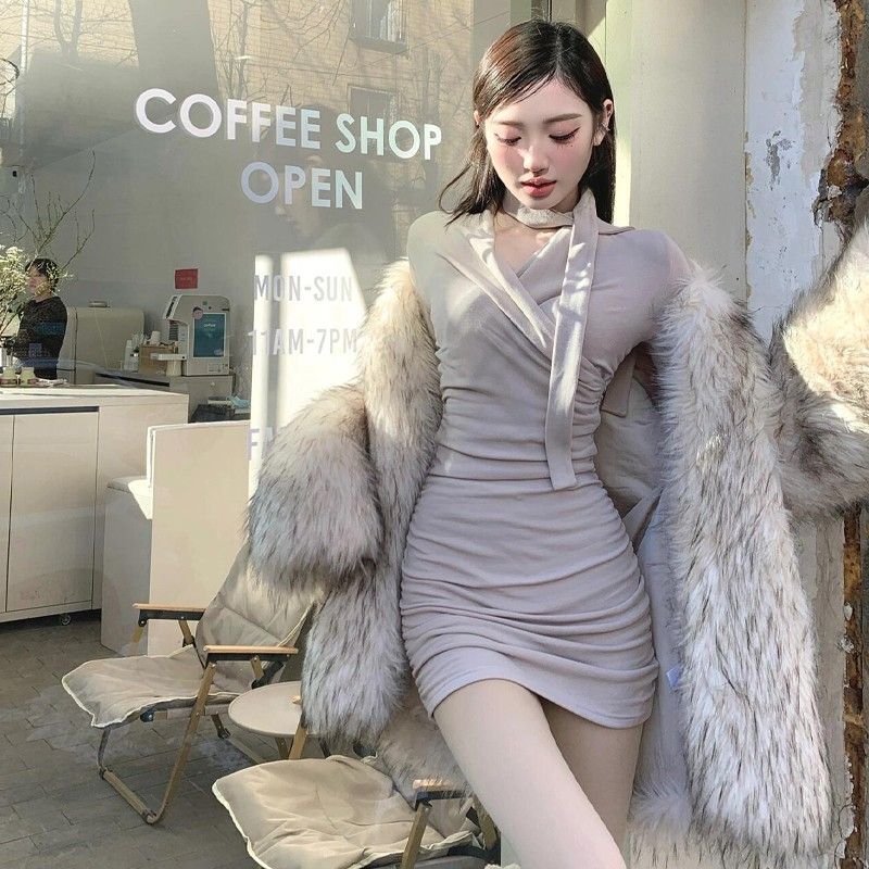 纯欲性感绑带设计感交叉V领长袖连衣裙女秋冬新款收腰包臀短裙女 纯欲性感绑带设计感交叉V领长袖连衣裙女秋冬新款收腰包臀短裙女